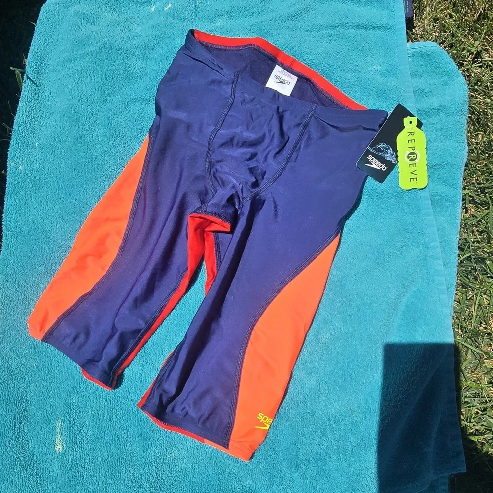 Speedo Eco ProLT Jammer Swimsuit Size 30 Navy Red Boys Swim Team UPF 50+ New